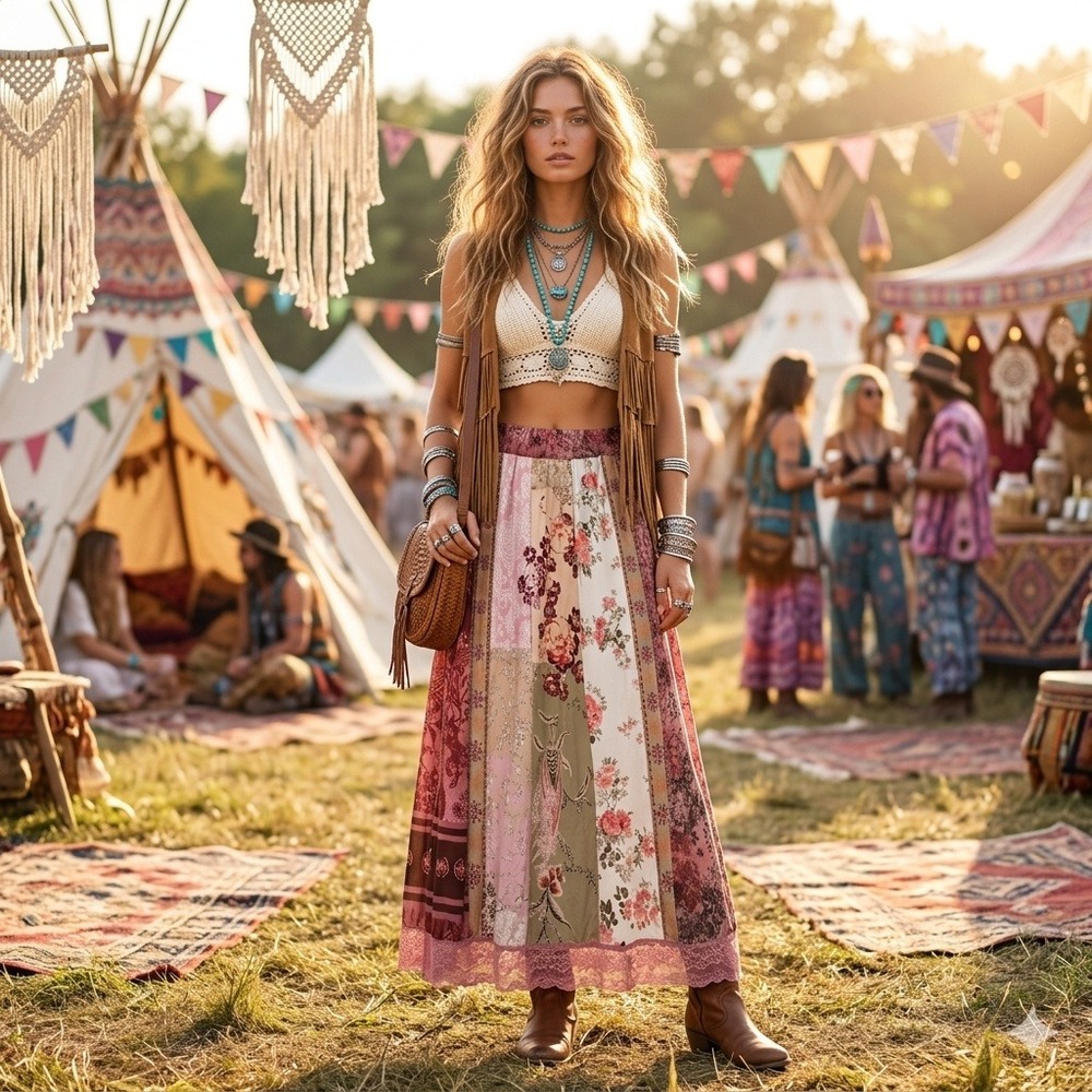 Boho Gipsy Festival Patchwork Floral Lace Trim Maxi Skirt Plus Size 0XL